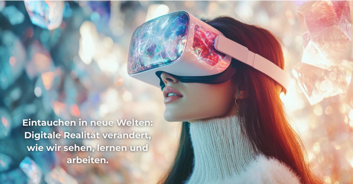 Frau mit Virtual-Reality-Brille vor leuchtendem, futuristischem Hintergrund – Symbolbild für digitale Realität