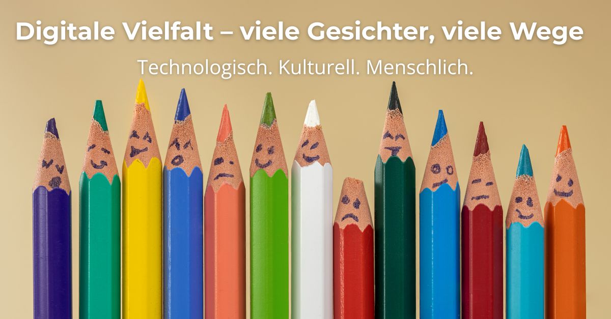 Bunte Buntstifte mit gezeichneten Gesichtern symbolisieren unterschiedliche Reaktionen und Rollen im digitalen Wandel – von Skepsis bis Begeisterung.