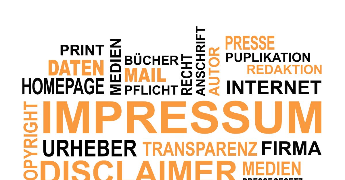 Wortwolke mit Begriffen rund um Impressum, Recht, Datenschutz, Medien und Transparenz in Schwarz und Orange.