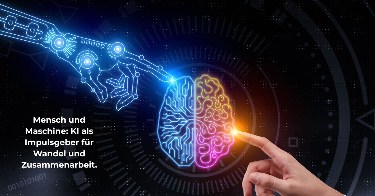 Illustration eines menschlichen Fingers und einer Roboterhand, die gemeinsam ein stilisiertes Gehirn berühren – Symbol für künstliche Intelligenz und Mensch-Maschine-Interaktion.